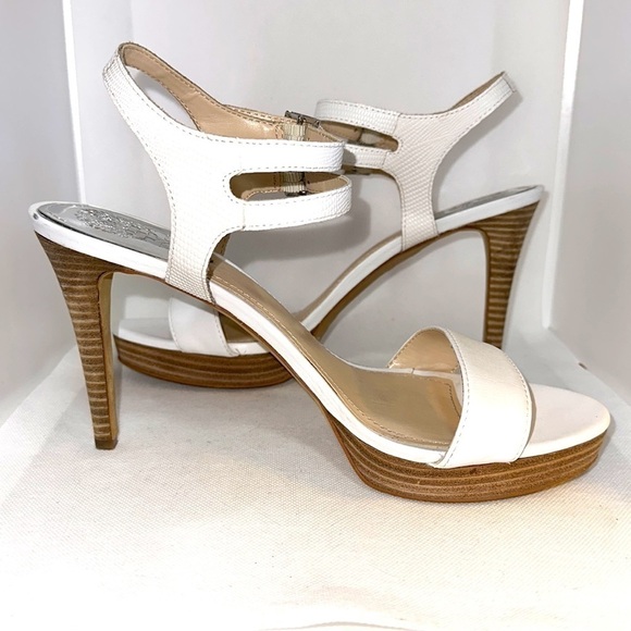 Vince Camuto Strappy White Stilettos with Stacked Wood Heel Sz 9.5 - EUC - Picture 3 of 13